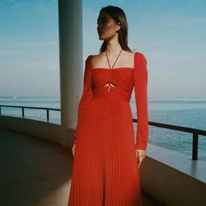 NWT Self-Portrait Red Orange Stretch Crepe Halter Cut Out Midi Dress Size 04